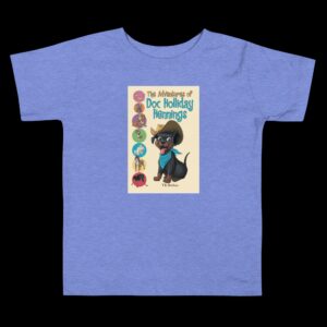 A blue t-shirt with an illustration of a cat.